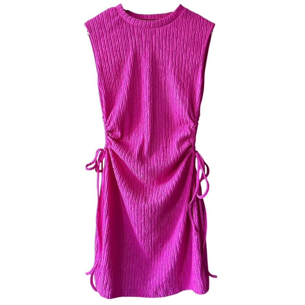 Hot Pink Crew Neck Sleeveless Cut Out Dress Drawstrings - Large